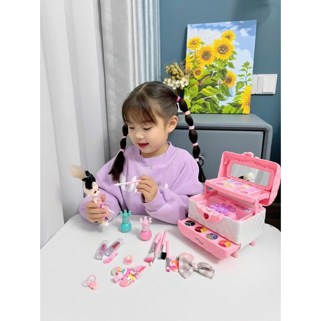Bộ Đồ Chơi Trang Điểm Thật Cho Bé Gái – Vali 20 Món Có Máy Hơ Móng, An Toàn, Dễ Làm Sạch