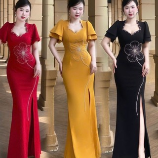 Đầm váy dạ hội trung niên tay 2 lớp đính kết bông tko mm 2025a
