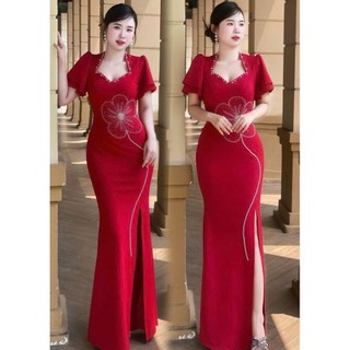Đầm váy dạ hội trung niên tay 2 lớp đính kết bông tko mm 2025a