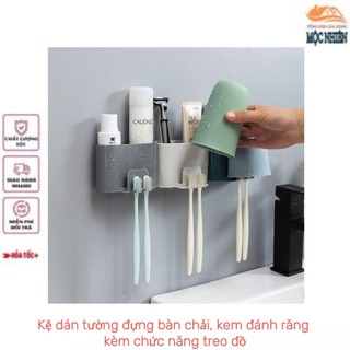 Kệ dán tường đựng bàn chải, kem đánh răng đa năng, kèm móc treo đồ tiện dụng