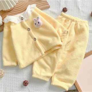 Bộ ngủ bé gái dài tay thu đông hoạt tiết thỏ nổi hot hit_Bộ cho bé gái chất nỉ bông mềm 8-30kg