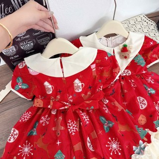 Váy Noel 2026 xoè đính kèm tuần lộc ở cổ áo siêu dễ thương cho bé 10-30kg