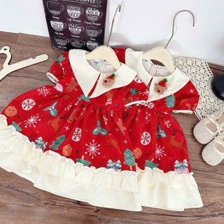 Váy bé gái dài tay thu đông họa tiết noel cách điệu, đầm bé gái sắc đỏ size 10-30kg mặc noel mặc tết