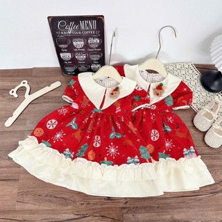 Váy bé gái dài tay thu đông họa tiết noel cách điệu, đầm bé gái sắc đỏ size 10-30kg mặc noel mặc tết