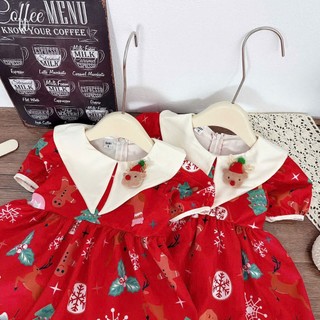 Váy bé gái dài tay thu đông họa tiết noel cách điệu, đầm bé gái sắc đỏ size 10-30kg mặc noel mặc tết