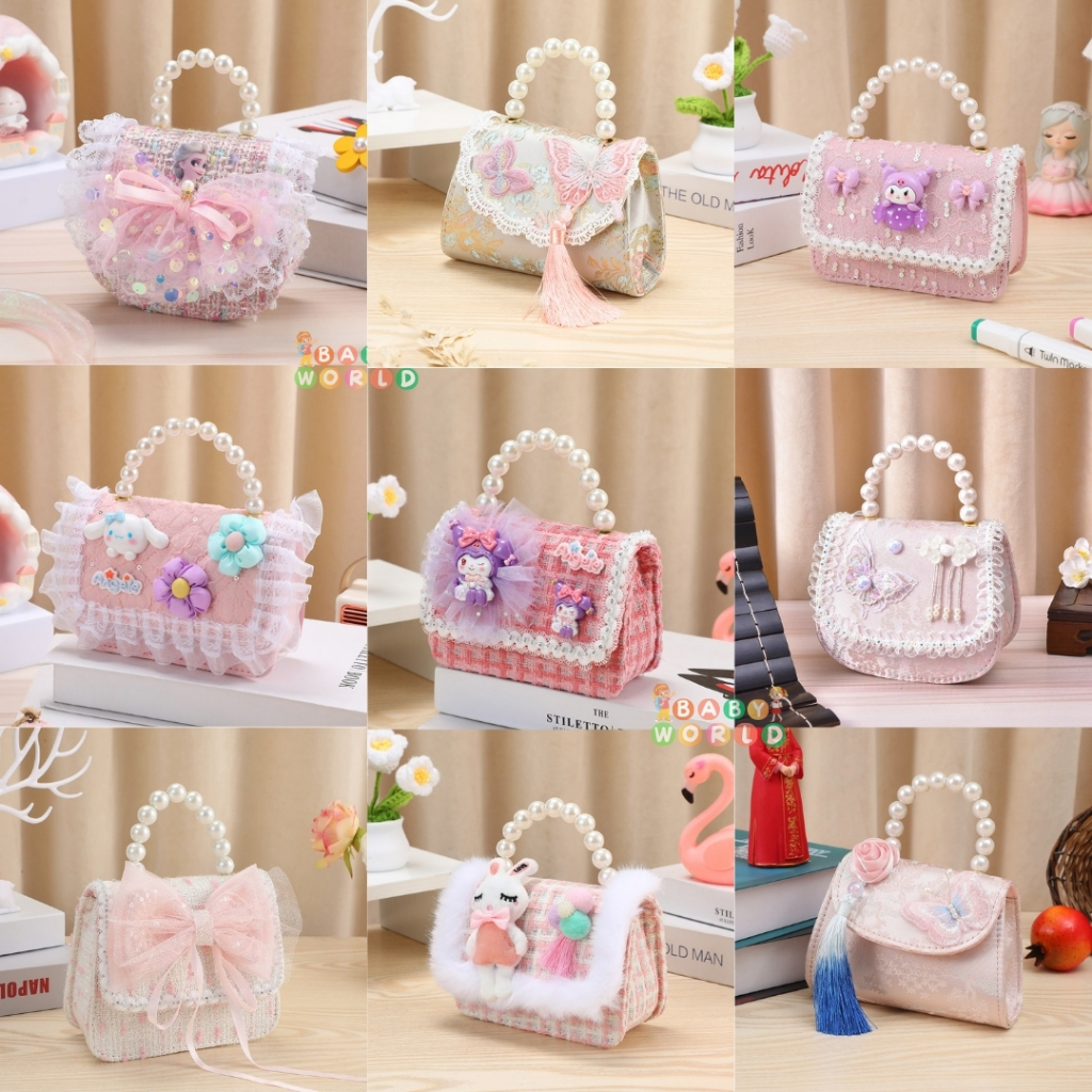 Túi Đeo Chéo Mini Vải Dạ Tweed, Quai Ngọc Thời Trang Sang Chảnh - Đáng Yêu Cho Bé Gái