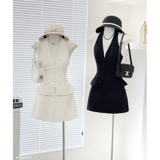 SEP House - Set dạ áo yếm hở lưng dáng peplum phối chân váy A ôm quyến rũ - Đen trắng - Hàng loại 1