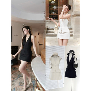 SEP House - Set dạ áo yếm hở lưng dáng peplum phối chân váy A ôm quyến rũ - Đen trắng - Hàng loại 1