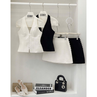 SEP House - Set dạ áo yếm hở lưng dáng peplum phối chân váy A ôm quyến rũ - Đen trắng - Hàng loại 1