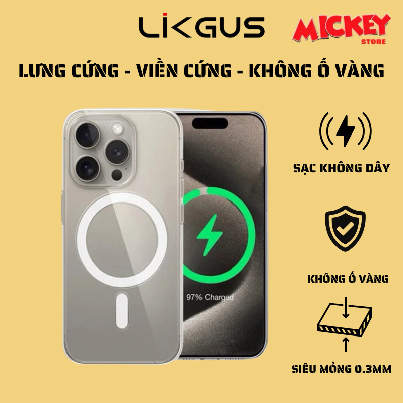 Ốp Likgus Siêu Mỏng – Không Ố Vàng – Hỗ Trợ Sạc Không Dây cho IPhone 17Promax 16 15 14 13 12 11 seri
