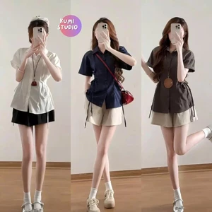 Set áo sơ mi buộc eo cổ đức kèm quần short đen năng động trẻ trung