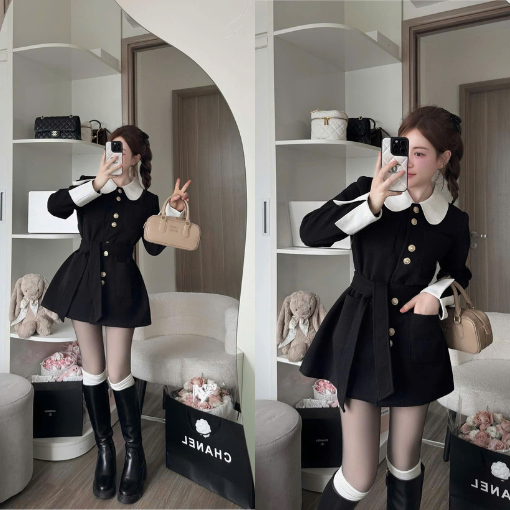 ZIMM STORE -Váy đen phối cổ tay trắng cúc vàng nổi bật