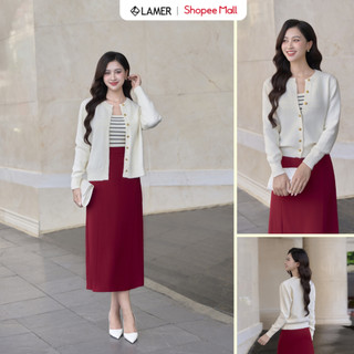 LAMER Áo Len Cardigan Dáng Suông Áo Khoác Len Dài Tay Cổ Tròn Len Thỏ Phối Cúc Đồng O65C25T010