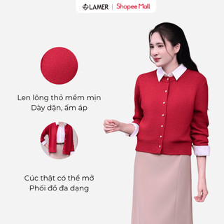 LAMER Áo Len Cardigan Dáng Suông Áo Khoác Len Dài Tay Cổ Tròn Len Thỏ Phối Cúc Đồng O65C25T010