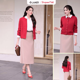 LAMER Áo Len Cardigan Dáng Suông Áo Khoác Len Dài Tay Cổ Tròn Len Thỏ Phối Cúc Đồng O65C25T010
