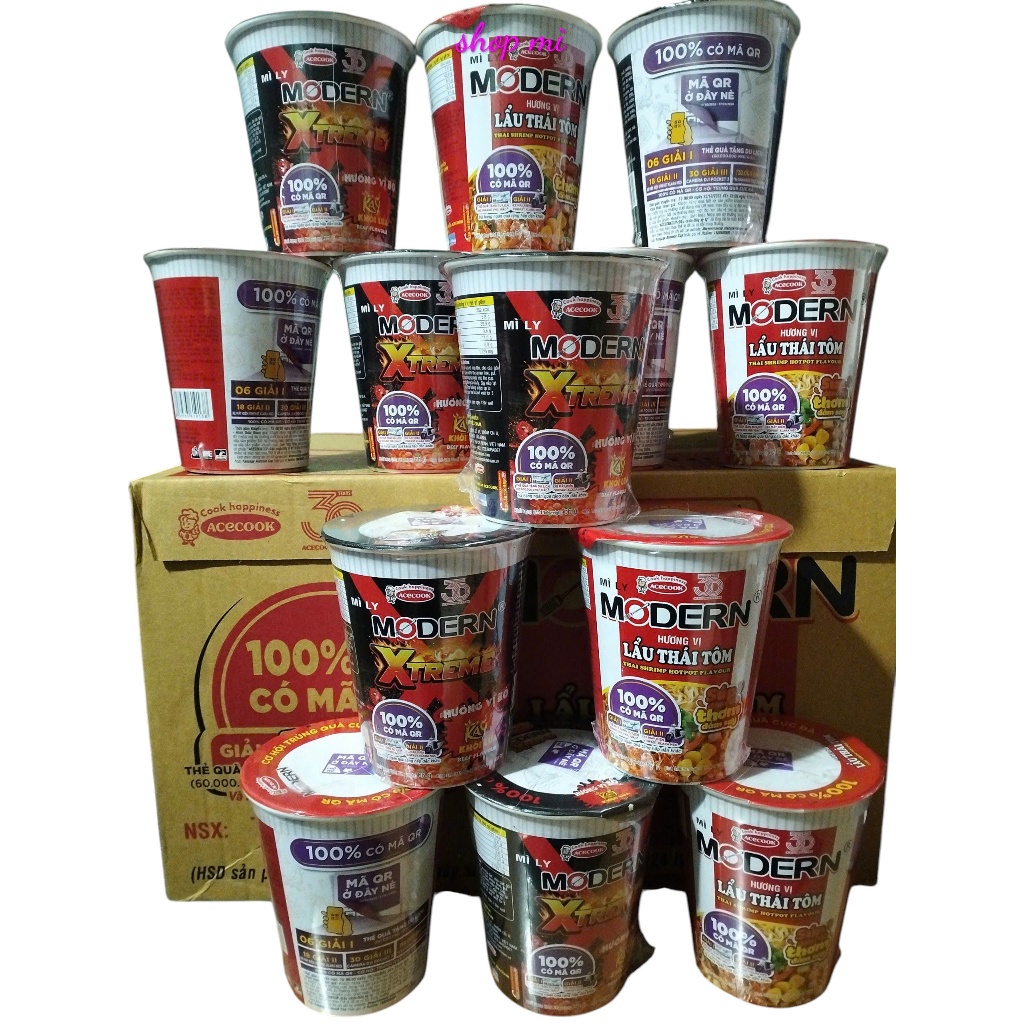 Thùng mì Modern 4 hương vị Lẩu thái tôm 67gr, bò cay khói lửa 66gr, Gà ớt hiểm 63gr, Kim chi 66gr