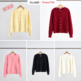 LAMER Áo Len Cardigan Dáng Suông Áo Khoác Len Dài Tay Cổ Tròn Len Thỏ Phối Cúc Đồng O65C25T010