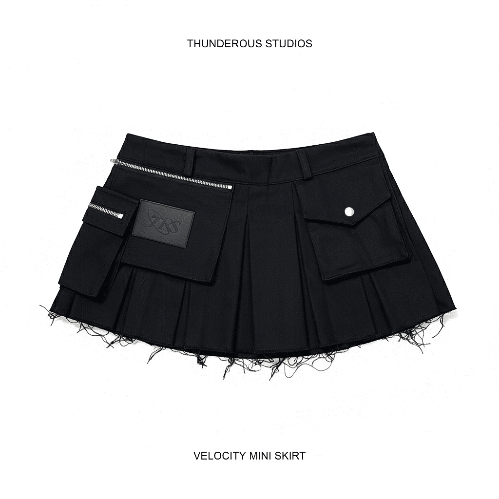 Chân Váy Denim Ngắn Sexy Cạp Trễ Xếp Ly Túi Hộp Khóa Kéo (Có Lót) - VELOCITY MINI SKIRT THUNDEROUS
