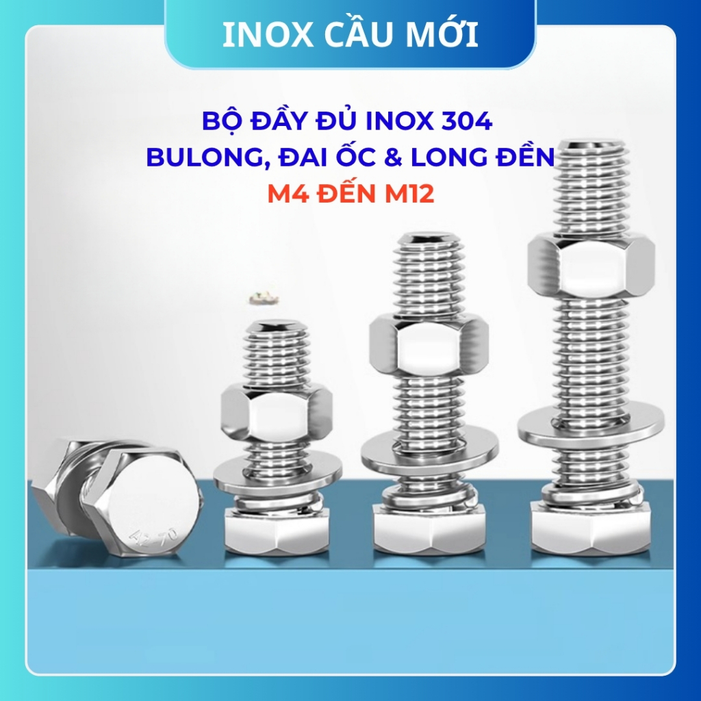 Bộ Bulong Lục Giác Ngoài Inox 304 – Bulong Liên Kết Chất Lượng Cao, Kèm Đai Ốc và Long Đền Đầy Đủ