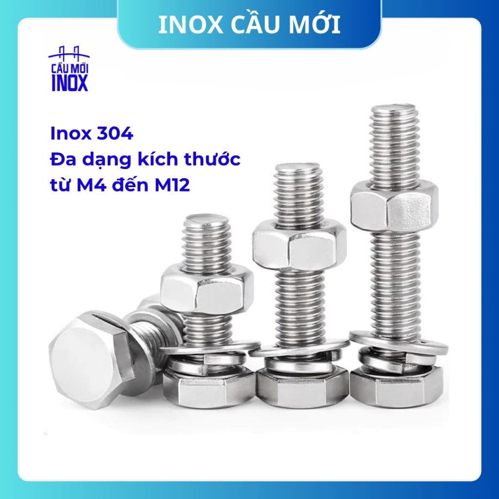 Bộ Bulong Lục Giác Ngoài Inox 304 – Bulong Liên Kết Chất Lượng Cao, Kèm Đai Ốc và Long Đền Đầy Đủ