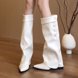 sẵn đen36,trắng39, nâu 36Boot nữ da PU mềm cổ cao phom ống rộng đế 3–5cm phong cách HànQuốc