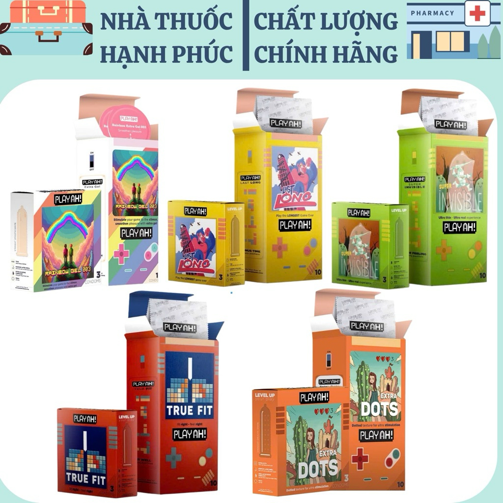 bao cao su PlayAh Super Invisible/true fit/rainbow gel/extra dots/last ...