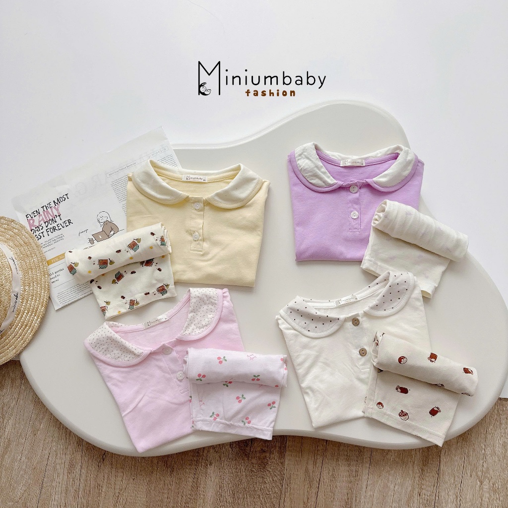 Set bộ cộc tay cổ sen bé gái Miniumbaby basic bé mặc đi chơi đi học, chất vải cotton mềm mát SB1858