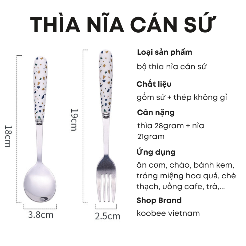 Bộ Đồ Ăn Cá Nhân Cán Sứ Màu Trắng Vân Sỏi Phong Cách Hiện Đại - Bộ Muỗng Đũa Nĩa Thép Không Gỉ Mang Đi Tiện Lợi |111