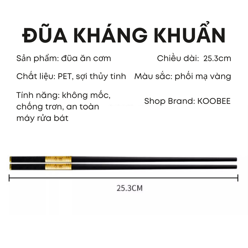 Bộ 5 đôi đũa hợp kim mạ vàng sợi thủy tinh chống mốc, chống trơn, chịu nhiệt dài 25.3cm sang trọng (BA50)