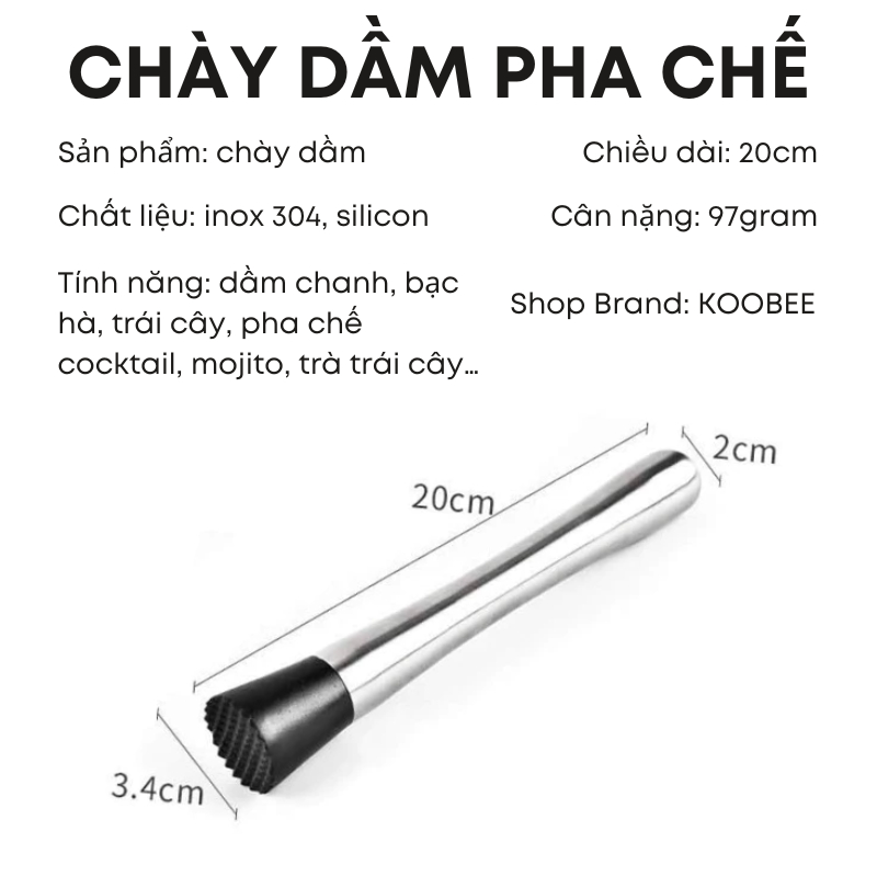Chày Dầm Pha Chế Koobee Inox 20cm – Dầm Trái Cây, Lá Bạc Hà, Mojito Cực Nhanh (NB75)