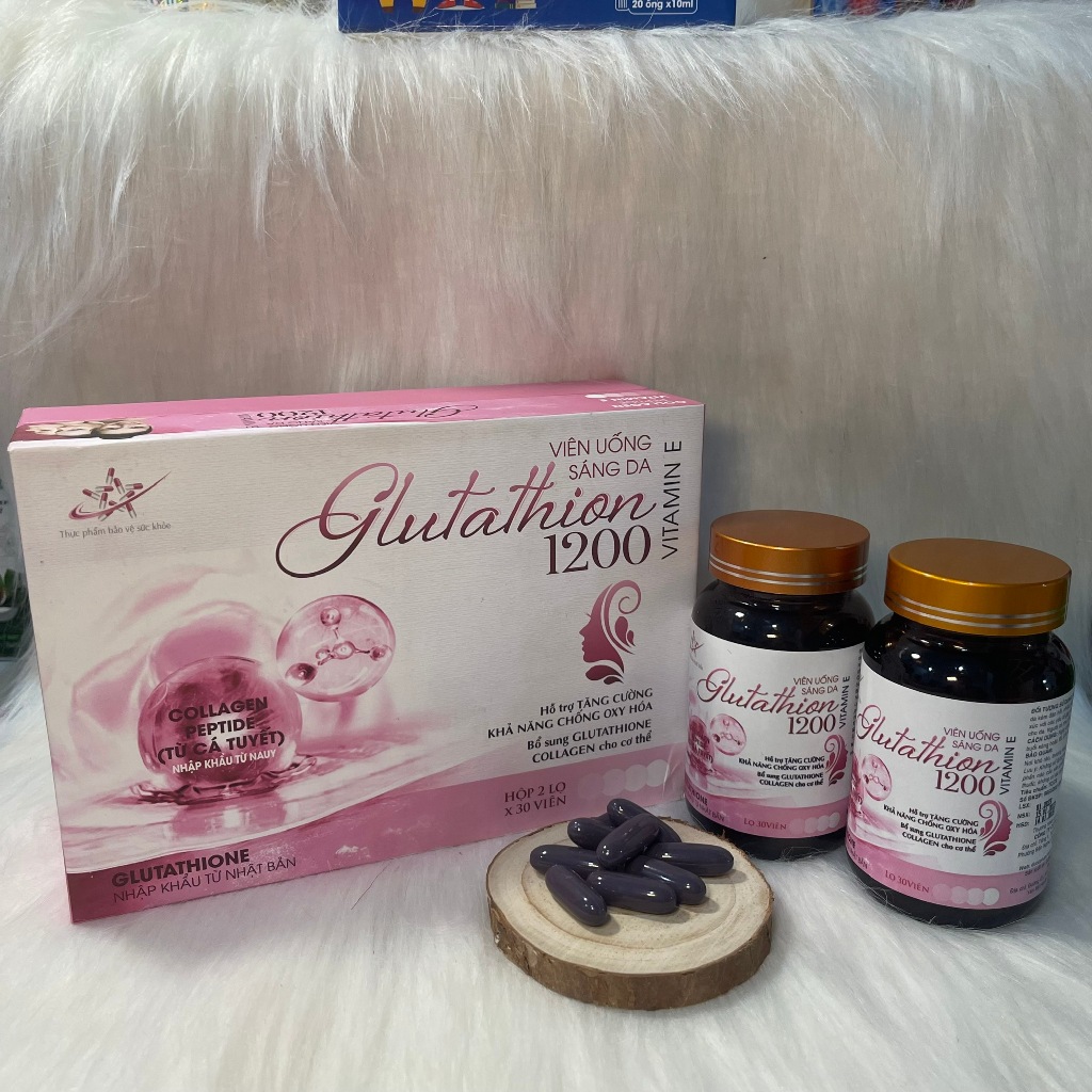 Viên uống sáng da Glutathion 1200 bổ sung thêm Collagen, hỗ trợ sáng da,  chống lão hoá (Hộp 2 lọ x 30 viên)