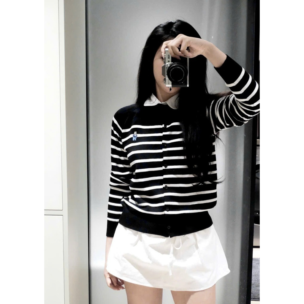 (Mới 2025) Áo cardigan len sọc ngang kẻ đen thêu gấu dáng suông tay dài chất len mềm mịn, dễ phối đồ hot hit