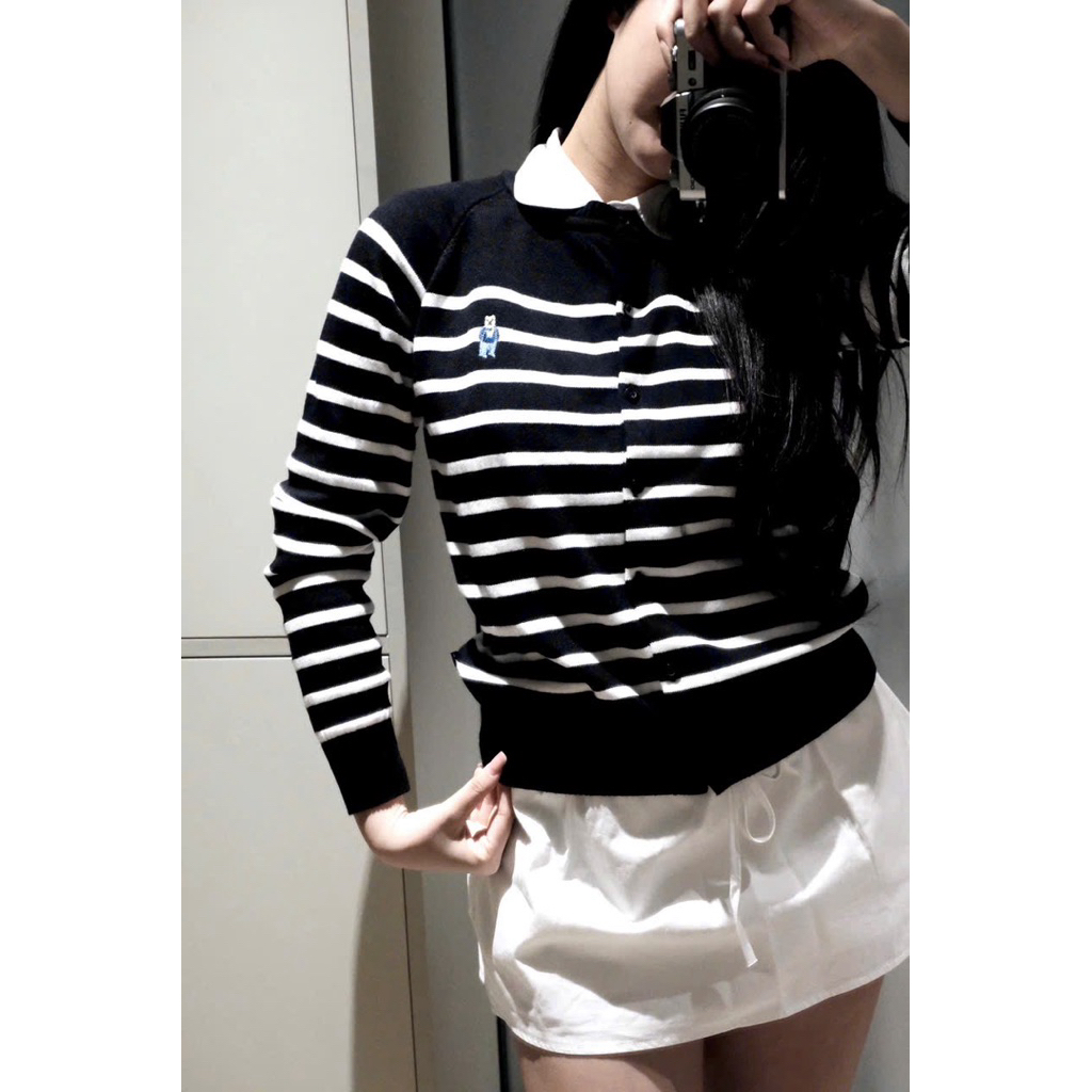 (Mới 2025) Áo cardigan len sọc ngang kẻ đen thêu gấu dáng suông tay dài chất len mềm mịn, dễ phối đồ hot hit