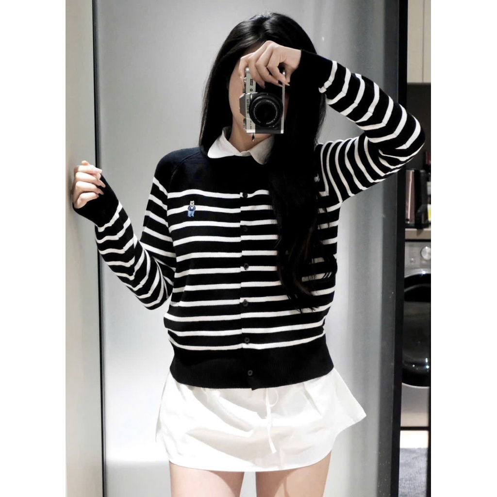 (Mới 2025) Áo cardigan len sọc ngang kẻ đen thêu gấu dáng suông tay dài chất len mềm mịn, dễ phối đồ hot hit
