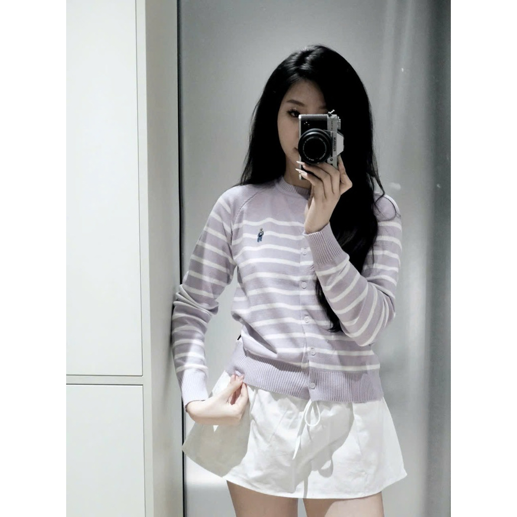 (Mới 2025) Áo cardigan len sọc ngang tím pastel tay dài thêu gấu chất len mềm mịn co giãn nhẹ hot hit