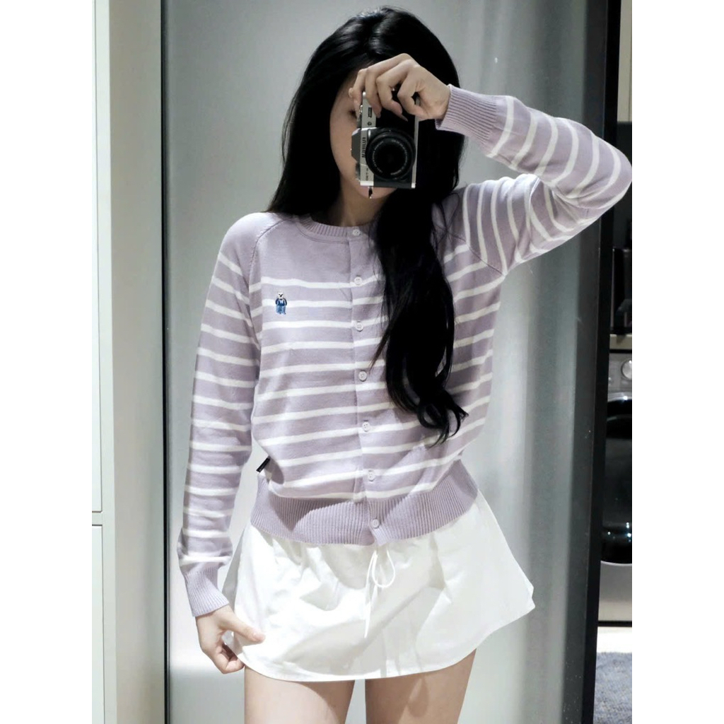 (Mới 2025) Áo cardigan len sọc ngang tím pastel tay dài thêu gấu chất len mềm mịn co giãn nhẹ hot hit