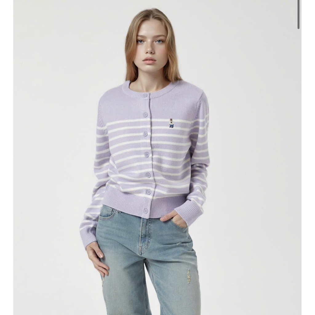 (Mới 2025) Áo cardigan len sọc ngang tím pastel tay dài thêu gấu chất len mềm mịn co giãn nhẹ hot hit