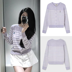 Áo cardigan len sọc ngang tím pastel tay dài thêu gấu chất len mềm mịn co giãn nhẹ hot hit