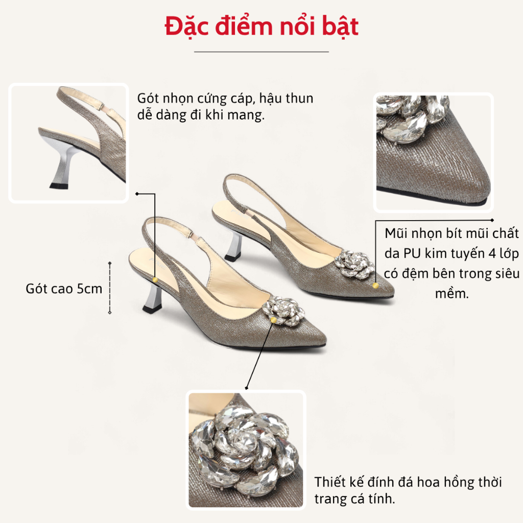 Giày Slingback 5cm Da PU Lấp Lánh Đính Đá Hoa Hồng Pixie H416