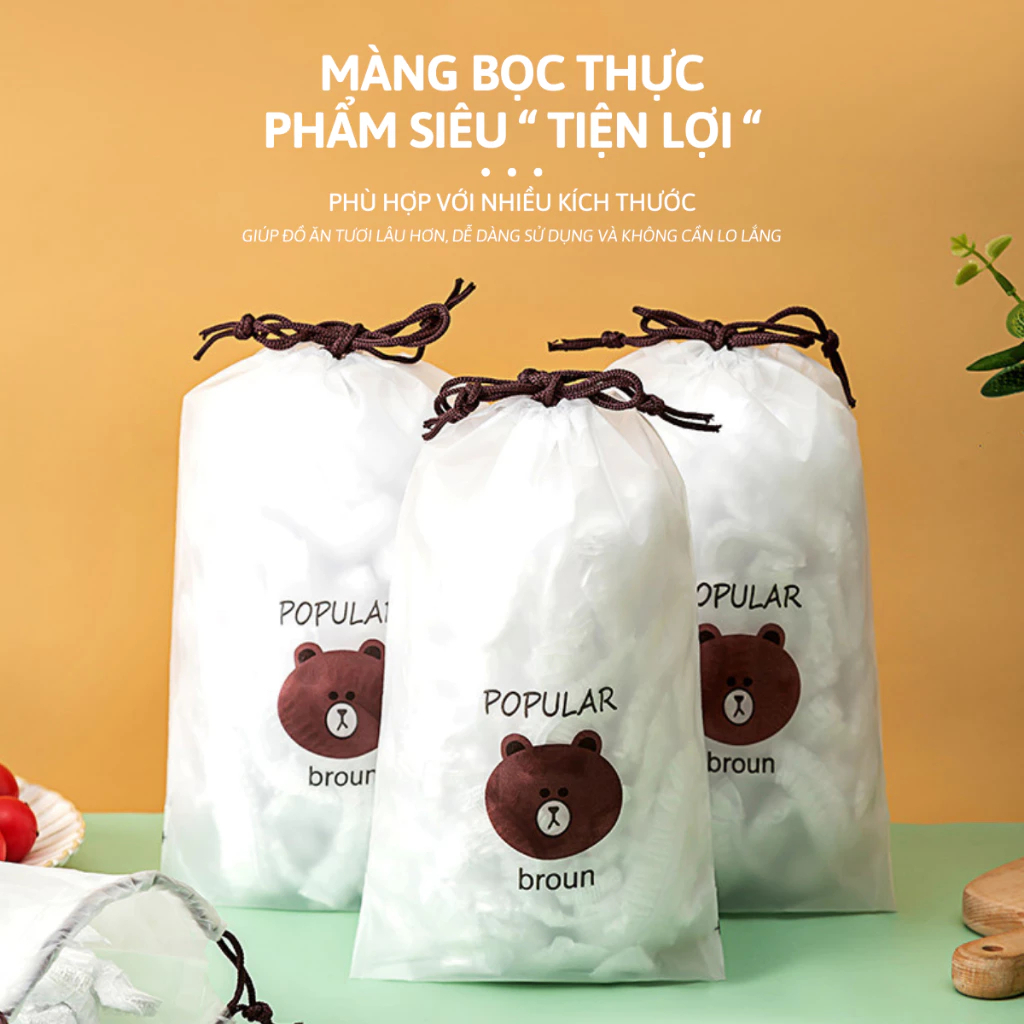 Combo 3 Màng Bọc Thực Phẩm Co Giãn Siêu Dai Túi Có Chun Hình Gấu- Mũ chùm đầu dùng 1 lần tiện lợi