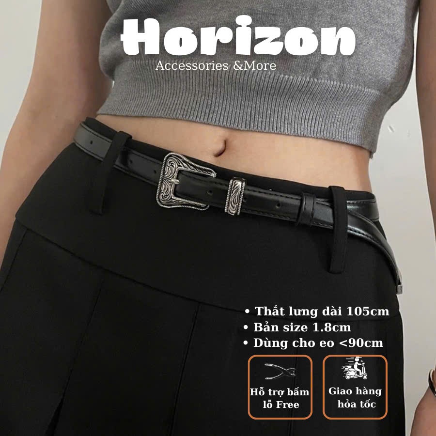 Thắt Lưng Nam Nữ Hoa Văn Sơn Tùng BẢN NHỎ 1.8Cm Cao Cấp Dây Nịt Lưng Unisex Hình Thang Màu Đen Horizon PhongCách Vintage
