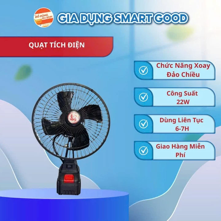 Quạt Tích Điện Xoay 180 Độ,Pin 10cell,20Cell ,30Cell Sử Dụng Chân Pin Phổ Thông, 2 Mức Gió, Kích Thước 8 Inch