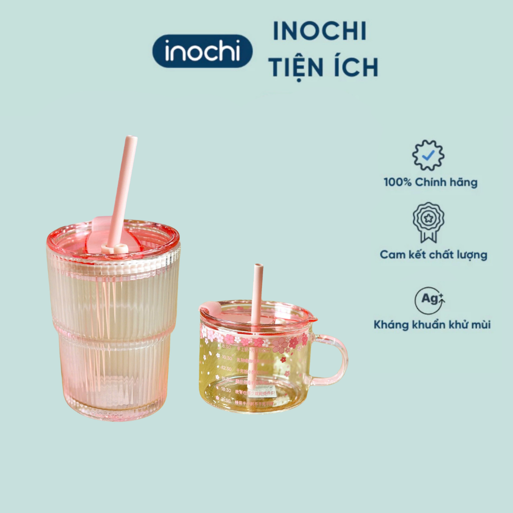 [MÃ MỚI] Cốc thuỷ tinh Inochi có nắp đậy và ống hút tiện lợi Hana 430ml, Blossom 500ml