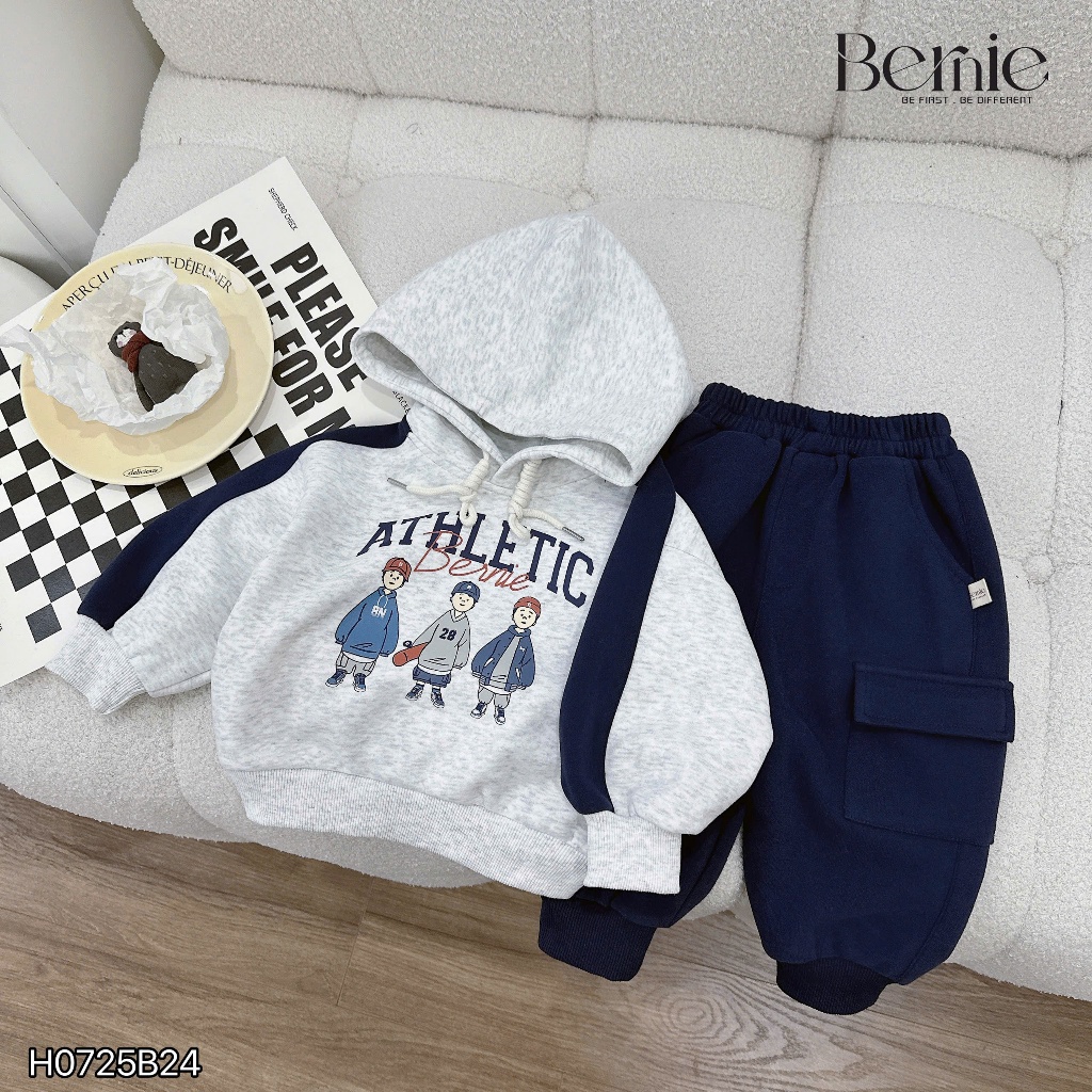 Bộ nỉ 2 da hoddie in hình cho bé, bộ thu đông dày dặn bé trai