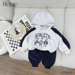 Bộ nỉ 2 da hoddie in hình cho bé, bộ thu đông dày dặn bé trai