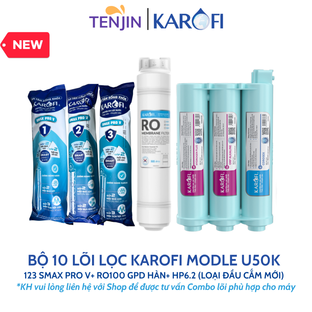 Combo 10 Lõi Lọc Nước Karofi Sử Dụng Cho Model KAQ-U50K, KAQ-U95 PRO, KAQ-M22 (Bộ 123 Smax V, RO hàn, HP6.2 ION)