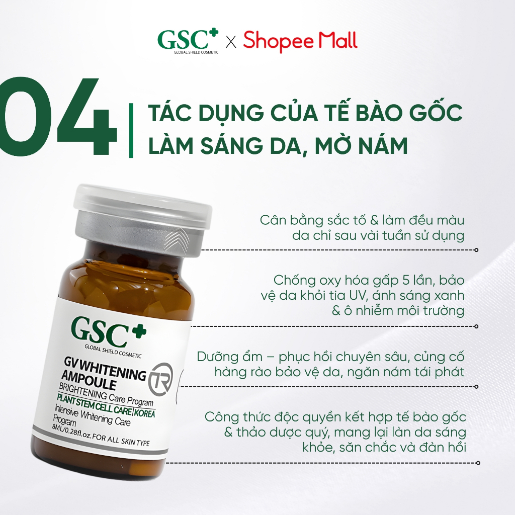 Tế Bào Gốc Dưỡng Trắng Da Mặt GSC Hàn Quốc GV Whitening Ampoule TR 8ml –Tế Bào Gốc Làm Sáng Da, Mờ Nám - GC086A