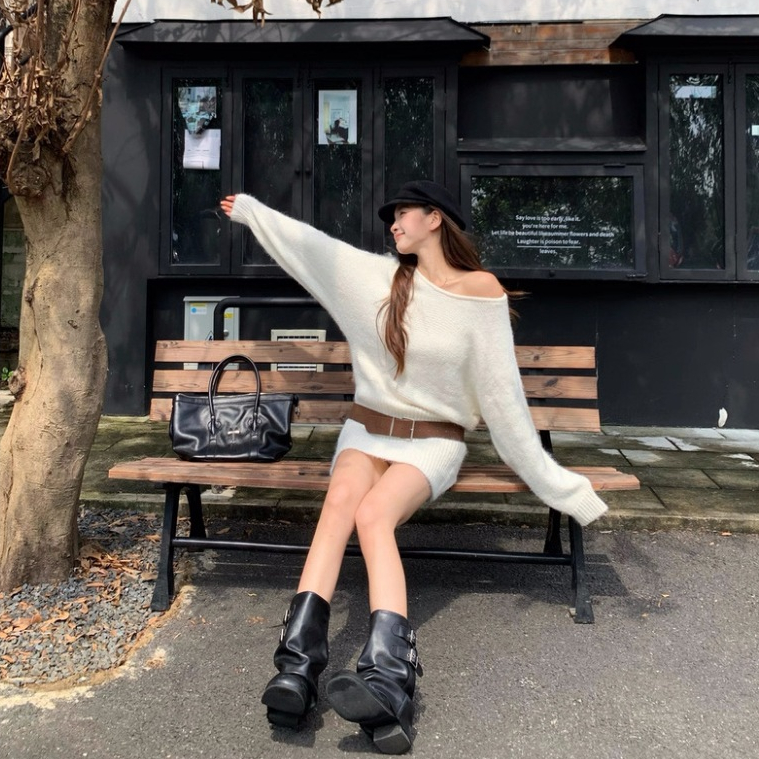 Váy len nữ lệch vai dáng thụng kèm ĐAI phong cách ulzzang Hàn Quốc 24Feb.studio VVN0017 | BigBuy360 - bigbuy360.vn