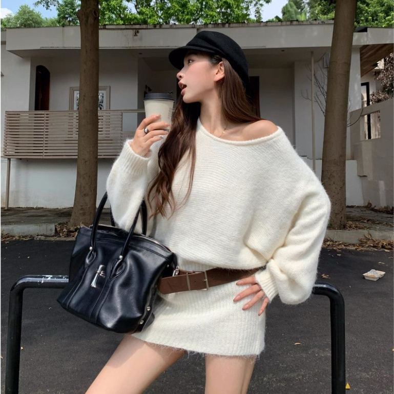 Váy len nữ lệch vai dáng thụng kèm ĐAI phong cách ulzzang Hàn Quốc 24Feb.studio VVN0017 | BigBuy360 - bigbuy360.vn