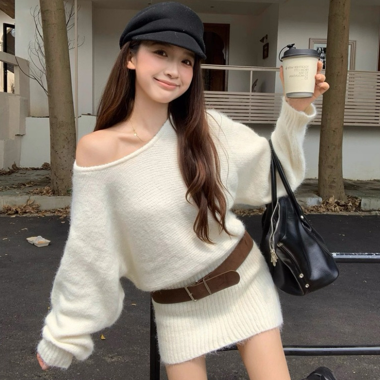 Váy len nữ lệch vai dáng thụng kèm ĐAI phong cách ulzzang Hàn Quốc 24Feb.studio VVN0017 | BigBuy360 - bigbuy360.vn